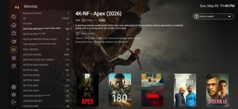 TiviMate Companion 8K player showing Movies VOD library and categories